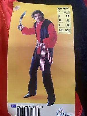 Adult Vintage Mens Pirate Costume Fancy Dress Book Day Halloween Red Black 46-48 • £9.99