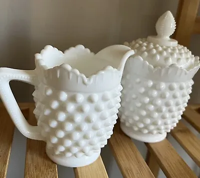 Vintage Fenton Milk Glass Hobnail Star Edge Glass Creamer And Sugar Set • $21