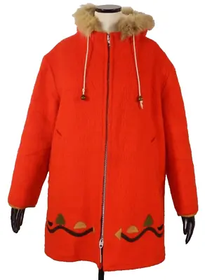Vintage Women's Hudson's Bay Red Wool Hooded Parka Coat Fur Trim Size Large • $125