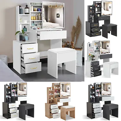 Dressing Table With Drawers Mirror Stool Set Makeup Desk Vanity Table Bedroom • £119.99