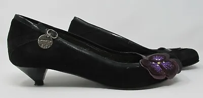 Miss Sixty Size 4 (37) Beauty Black Suede Low Heel Flower Square Toe Courts  Y2K • £18.99