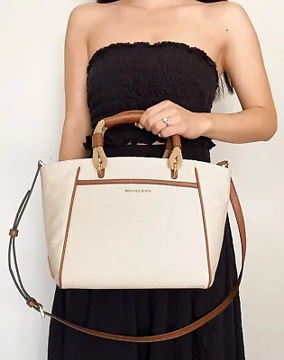 Michael Kors Talia Small Cotton Canvas Tote Bag Crossbody Neutral Multi • $99