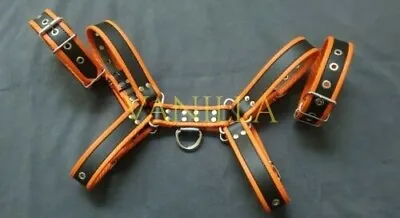 Mens Genuine Leather Bondage Orange Chest H-Harness With Matching Armbands • £58.50