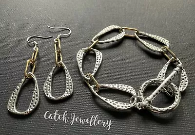 Silver Gold Chunky Chain Teardrop Bracelet And Earrings And Toggle Fastener Iron • £4.99