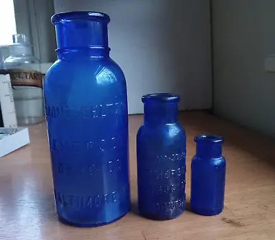 Set Of 3 Sizes Bromo Seltzer Emerson Drug Cobalt Blue 1918 Era Medicine Bottles • $33