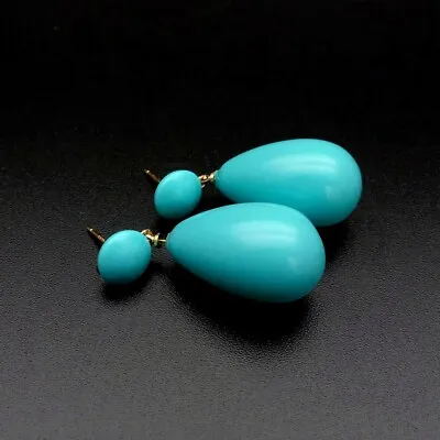 Turquoise Color Mother Of Pearl Long Drop Stud Earrings Gold Plated Jewelry • $18