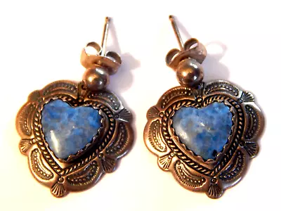 Vintage QT Sterling Silver Blue Lapis Lazuli Heart Dangle Earrings Southwestern  • $45