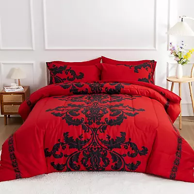 Boho Paisley Black Flower Soft Microfiber Comforter SetRed King Modern Luxury D • $68.99