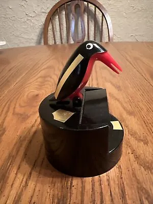 Vintage Plastic Woodpecker Bird Toothpick Holder Mechanical Dispenser Black Red  • $13