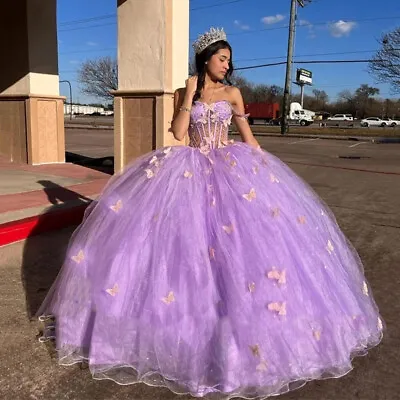 Purple Quinceanera Dresses With 3D Butterfly Sweet 16 15 Prom Pageant Ball Gowns • $150.02