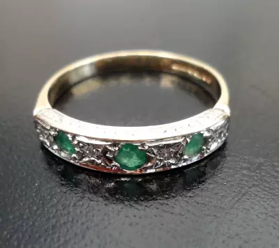 Vintage 9ct Gold Emerald Diamond Half Eternity Ring Full Uk Hallmarks Size N • £135