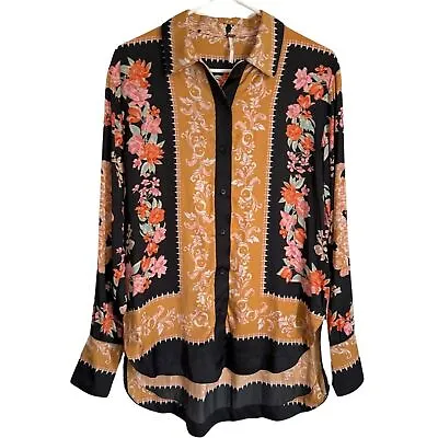 Free People Floral Boho Print Blouse Size Small Button Down Shirt Versace Style • $21