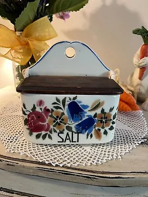 Vintage Ceramic Czech Salt Box With Wooden Lid & Bold Floral Design • $35.99