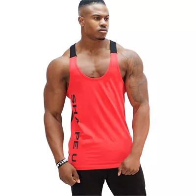 Mens Gym Vest Racerback Bodybuilding Muscle Stringer Tank Top Bodybuilding Vest • £10.82