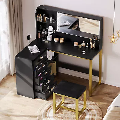 Vanity Set With LED Lights Makeup Desk Dressing Dresser Desk 5 Drawer & Stool • $185.64