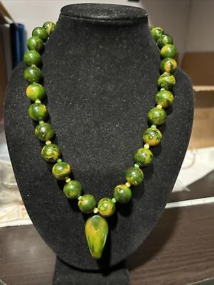 Vintage Spinach Green Yellow Bakelite Beads Spacers Teardrop Pendant Necklace 20 • $275