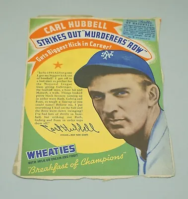 $13.27 • Buy 1934-1939 Series Wheaties Baseball Cereal Box Back Panel Carl Hubbell Ny Giants