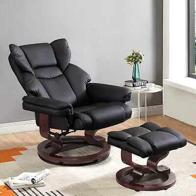 Leather Recliner Armchair Sofa Lounge Swivel Chair With Foot Stool Wood Base • £179.95