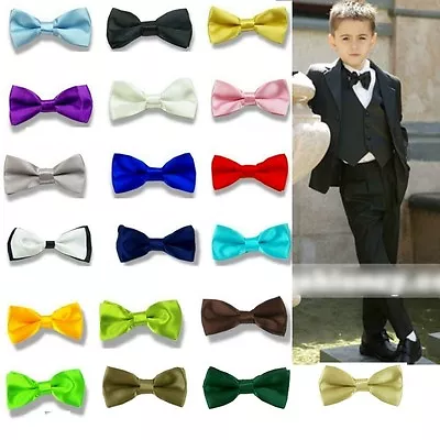 Boys Children Kids Solid Bowtie Pre Tied Wedding Party Satin Bow Tie • £3.98