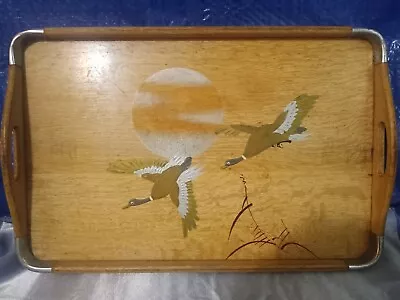 Vintage Asian Hand Painted Wooden Serving Tea Tray W/Handles Geese 11x17 • $25