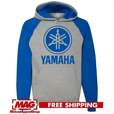 YAMAHA BLUE RAGLAN HOODIE Racing Motocross Hooded Sweatshirt Motox ATV OEM R1 R6 • $42.99