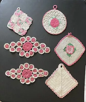 Vintage Lot Of 6 Pretty Pink White Handmade Crochet Doilies Pot Holders Flowers • $19.99