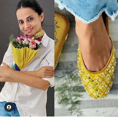 Summer Yellow Shoes Punjabi Wedding Juttis Mojari Flats Khussa Women Stylish  • $35