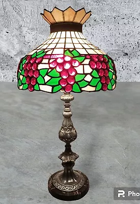 Tiffany Style Stained/Slag Glass Grapes & Leaves Art Deco Lamp Marble  Silver • $250