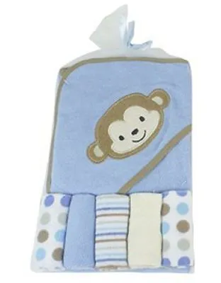  Blue Monkey  Soft Hooded Towel With 5 Wash Clothes Gift Set For New Born Babies • £75.99