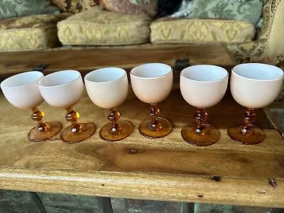 Carlo Moretti Murano Pink White Cased Glass Wine Goblets Set Of 6 MCM • $125