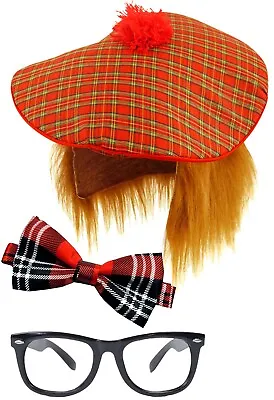 Tartan Scottish Hat Red Tartan Bow Tie Geek Glasses Burns Night Fancy Dress • £13.99