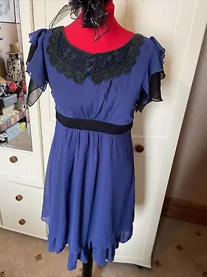 MAX C Ladies Blue Chiffon Lace Trim Cap Sleeve Frill Hem Short Dress Size 10  • £8