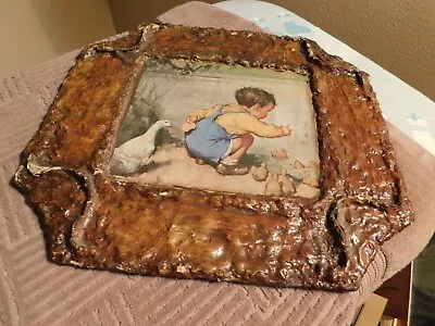 Baby Boy W/ Ducks Vintage Print In Paper Mache And Wood Frame • $15.99