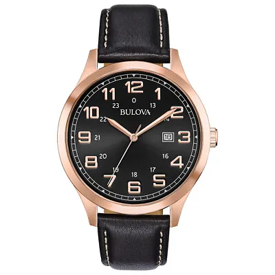 Bulova Men's Quartz Rose Gold Case Black Leather Band Calendar Watch 42mm 97B164 • $83.99