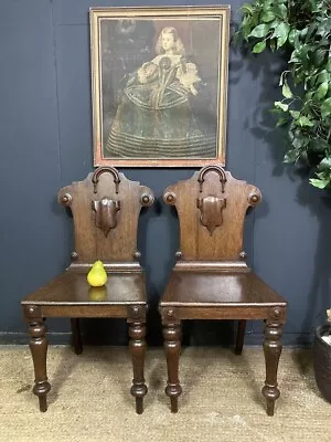 A Fine Pair Of Antique Victorian Gothic Styled Hall Chairs • £275