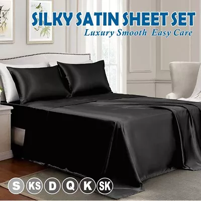 2000TC Silk Satin Pillowcase Flat Fitted Sheet Set Single Double Queen King Bed • $12.97