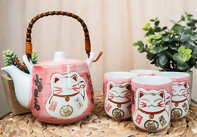 Japanese Design Maneki Neko Lucky Cat Pink 20oz Ceramic Tea Pot And Cups Set • $36.99