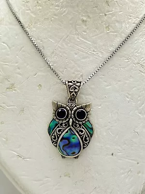 ATI Indonesia Sterling Silver Amethyst Abalone 1.25” Owl Pendsnt 18” Necklace • $39.99