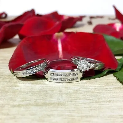 14K White Gold Finish Trio Diamond Engagement Ring Wedding Band Matching Set • $187.99