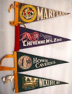 4 Vintage Felt Tourist Souvenir Pennants  Maryland Wickliffe Howe Caverns Mt Zoo • $19