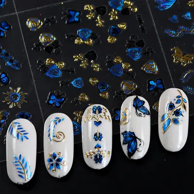 10PCS Nail Art Stickers Gold Blue Lace BUTTERFLY ROSE FLOWER Slider #9 • $2.95