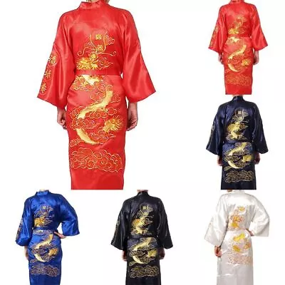 Mens Satin Chinese Dragon Kimono-Silk Bathrobe Pajamas Sleepwear Gown Bath Robe • $23.90