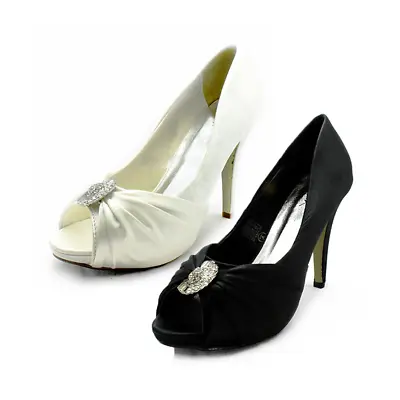 Womens Ladies Satin Court Shoes Party Prom Diamante Pumps • $34.14
