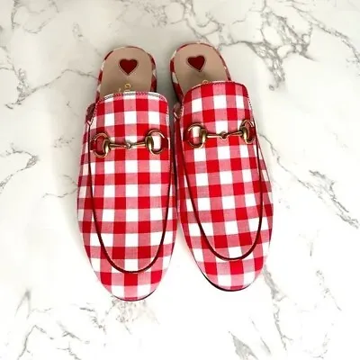 $499 • Buy Gucci Red And White Gingham Princetown Loafers