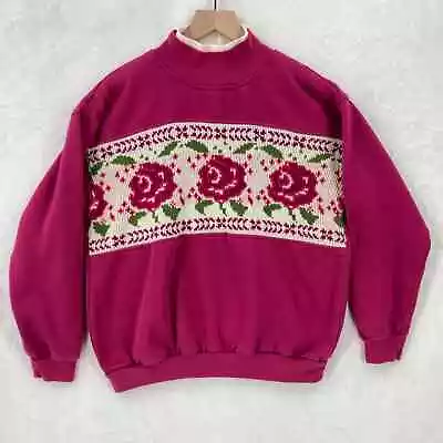 Vintage Justin Allen Sweater Womens Medium Roses Floral Pink Cottage  • $19.99