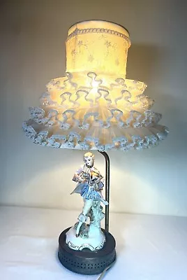 Vintage Porcelain Figural Lamp Courting Man Edwardian Style Ruffled Shade 20.25” • $20.99