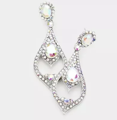 2.25” Long AB Clear Rhinestone Prom Crystal SILVER Pageant Bridal Earrings • $15