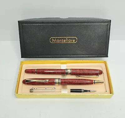 Vintage Montefiore Red Marbled Color Fountain Pen & Pen Set • $38.99