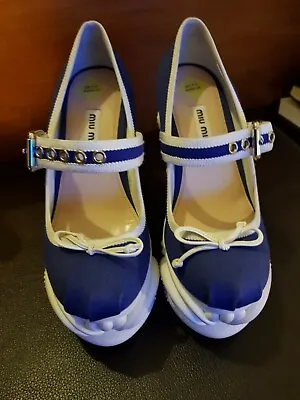 New Miu Miu 2017 Round Denim Blue Shoes With White Rubber Wedge Sculpted Heel • £70