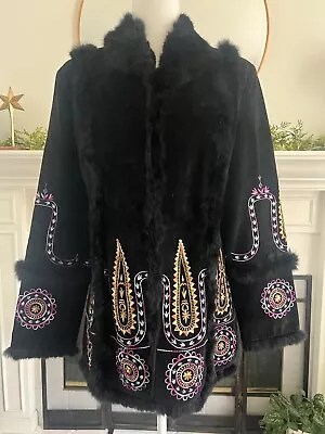 Vintage Colette Mordo Sadimara Embroidered Suede Fur Trimmed Coat Size M Black • $154.99